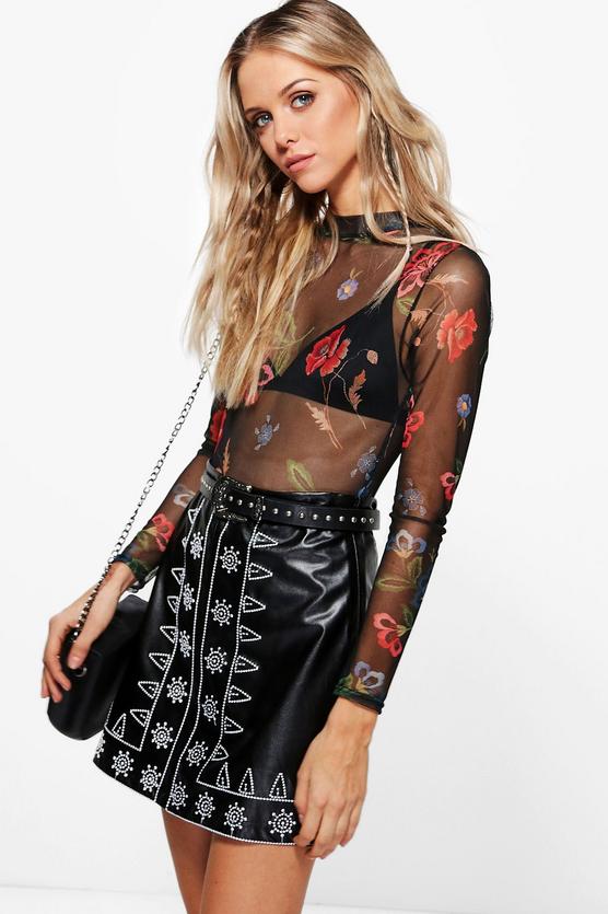 Haven Embroidered Leather Look A Line Skirt